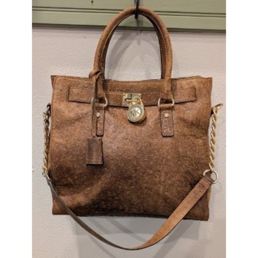 Michael Kors Hamilton Ostrich Embossed Large Leather Tote Bag Gold Lock Key